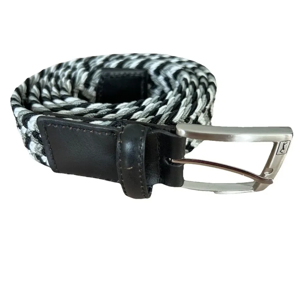 PGA Tour Belt Braided Black White Leather Golf Woven Webbed Men’s‎ 44